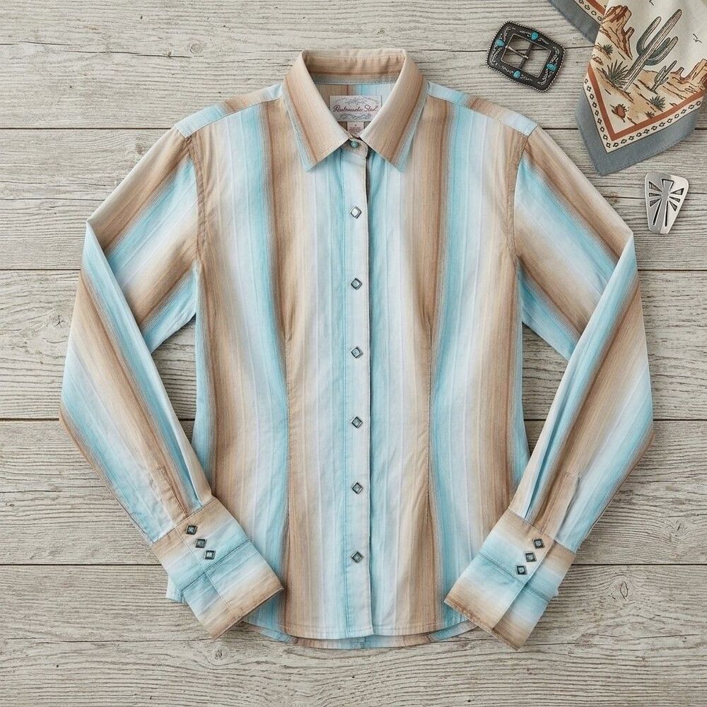 Panhandle Slim Stripe Western Shirt Women XS Diamond Pearl Snap Turquoise Rodeo